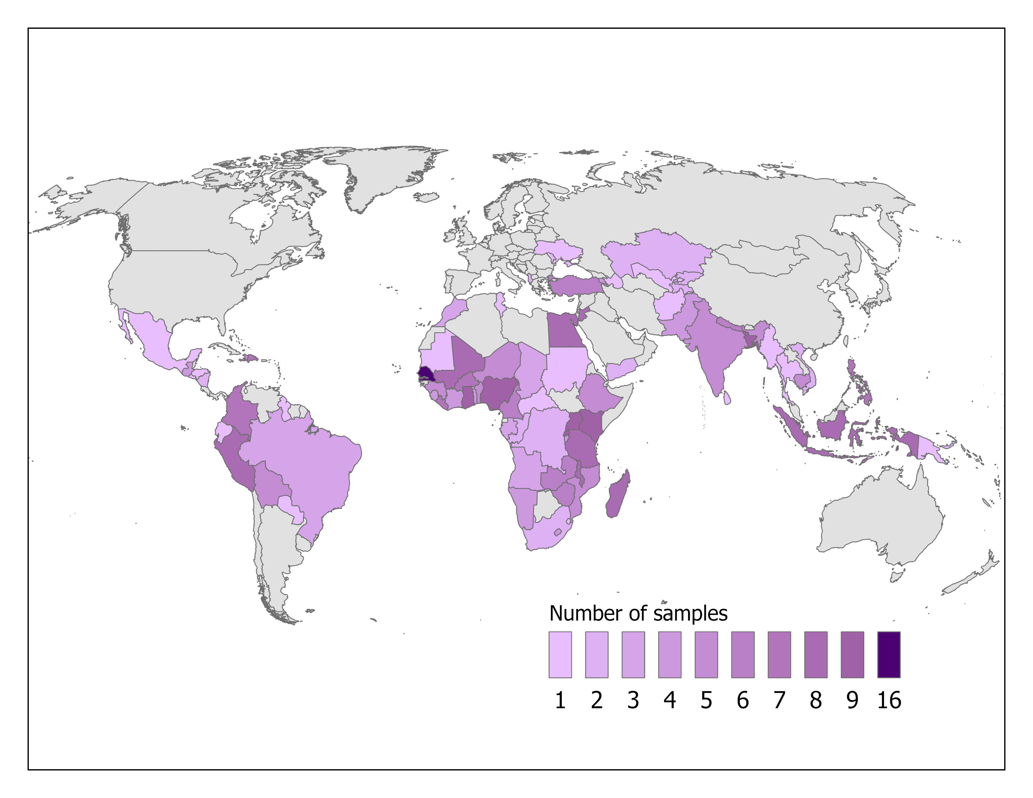 Map of Africa, Europe, and Asia; most countries in Africa and some countries in southwest and south Asia are purple, while the rest of the countries on the map are grey